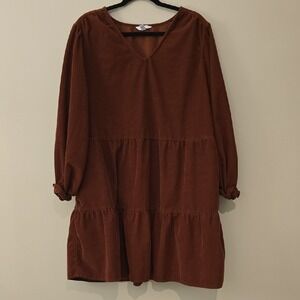 Women's Cottagecore 1X Rust Brown Corduroy Tiered Babydoll V-Neck Dress
